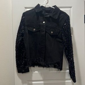 Mustard Seed Sequined Sleeve Black Denim Jacket